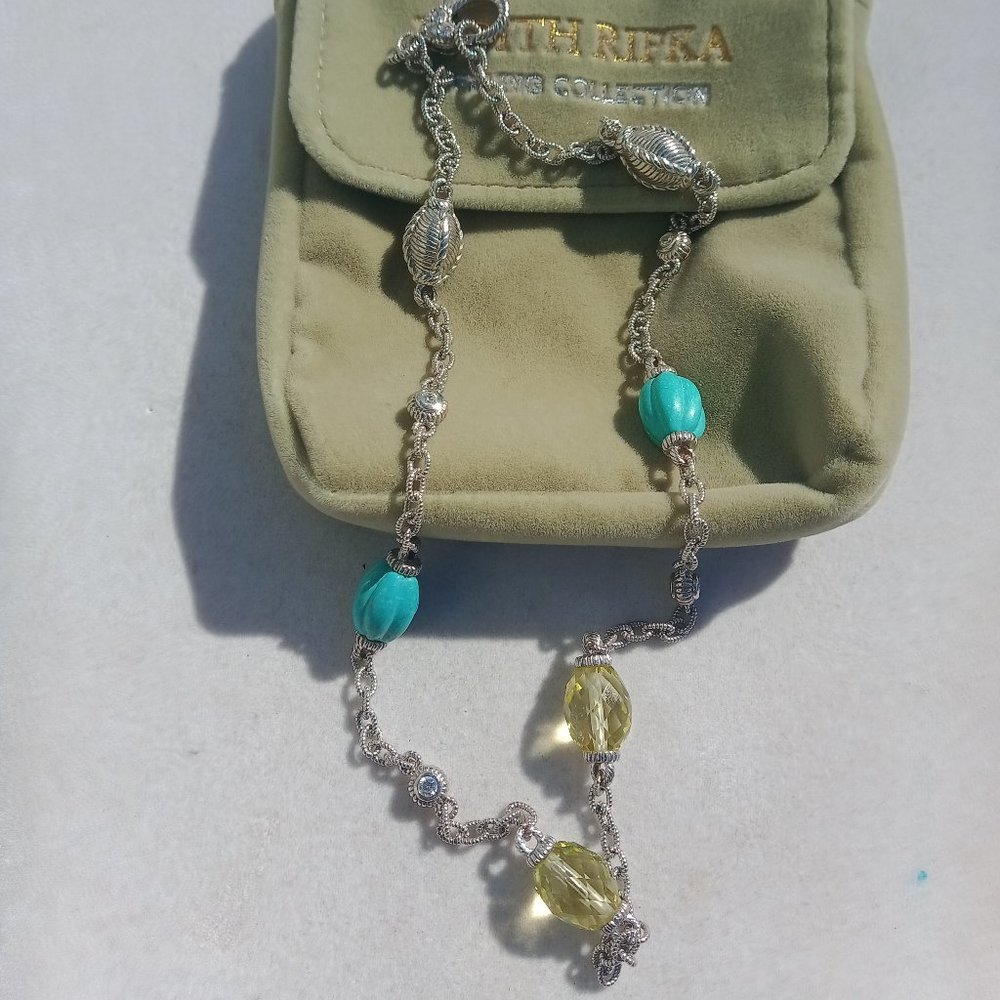 Judith Ripka necklace 925 Sterling Silver, Carved Turquoise, faceted Lemon Quar